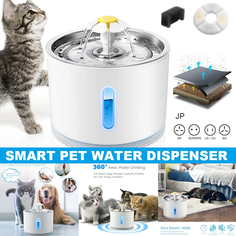 Автоматични електрически фонтан за домашни любимци обем 2,4 л; Диспенсер за пиене котки/ кучета с филтър, Автоматичен диспенсер за пиене котки/ кучета