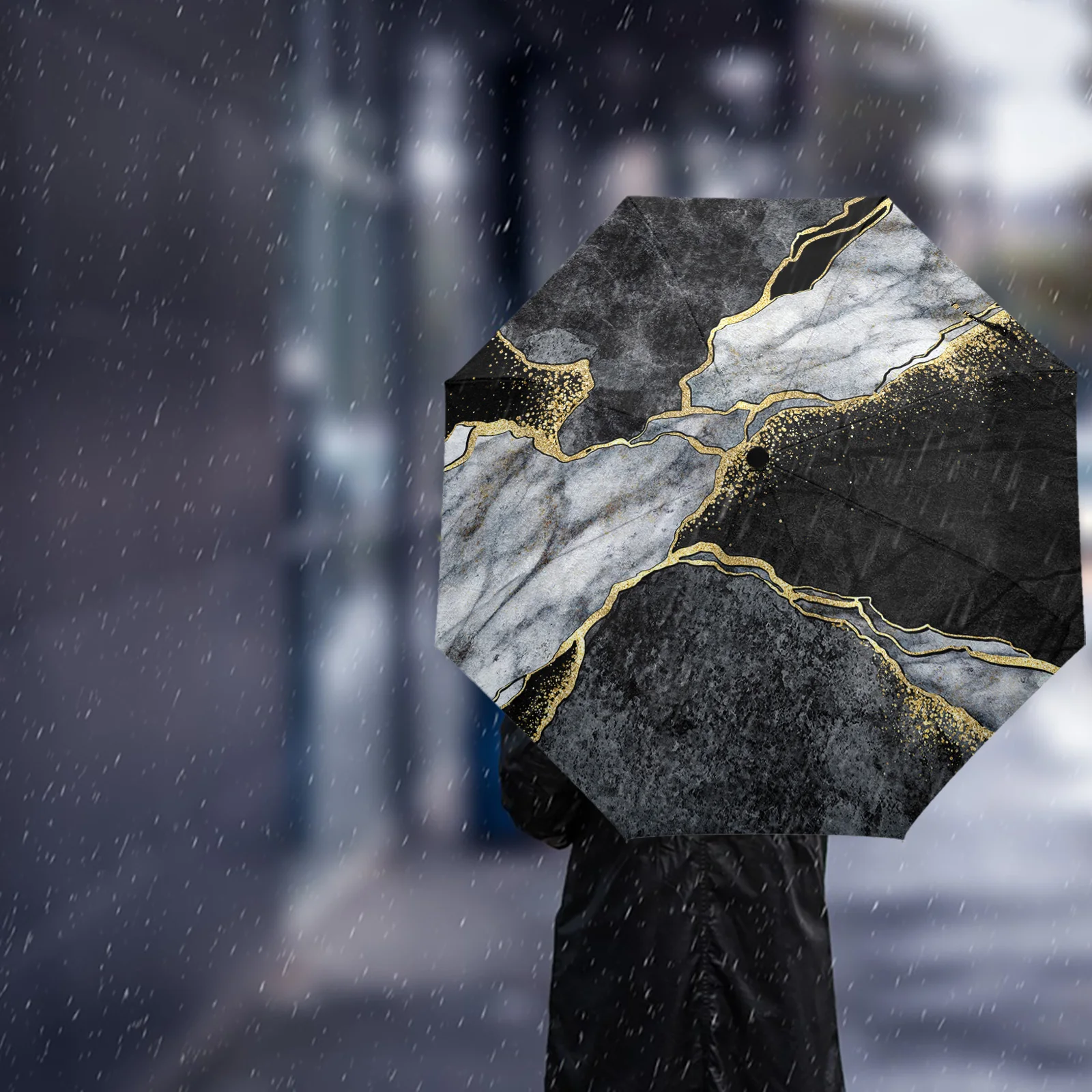 Абстрактен черно-бял мрамор автоматичен сгъваем чадър, мъжки Женски чадър с принтом, лек дъждобран