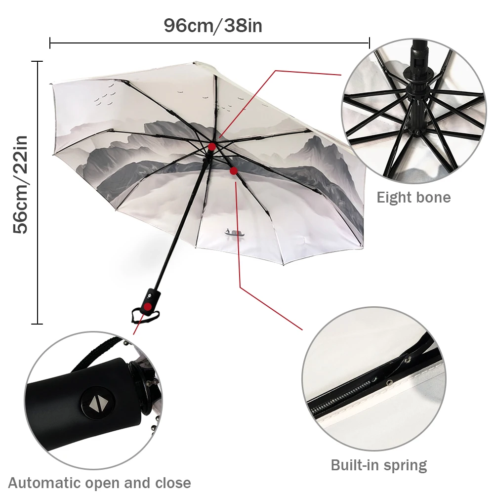 Абстрактен черно-бял мрамор автоматичен сгъваем чадър, мъжки Женски чадър с принтом, лек дъждобран