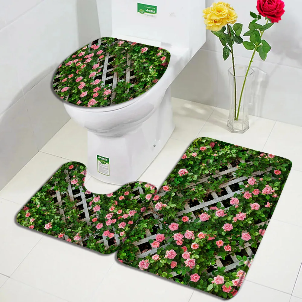 Комплект постелки за баня с флорални цветя, Розови рози, сив ограда, Зелени листа, Натурален цветен килим, начало декор за баня, открит подложка, капак на тоалетната чиния