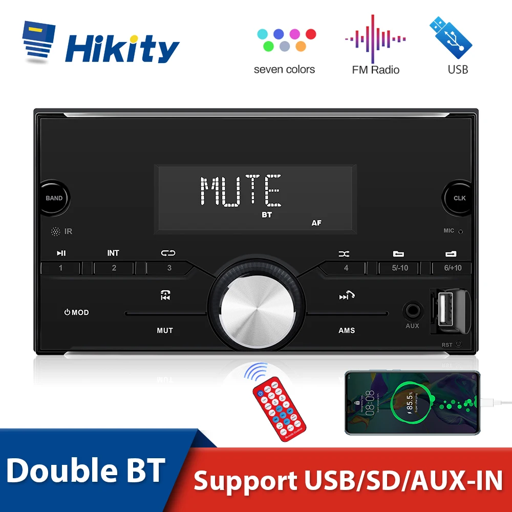 Авто плейър Hikity 2DIN MP3 Bluetooth, Гласов асистент AM FM радио Цветни светлини Интерфейс USB Стерео авторадио