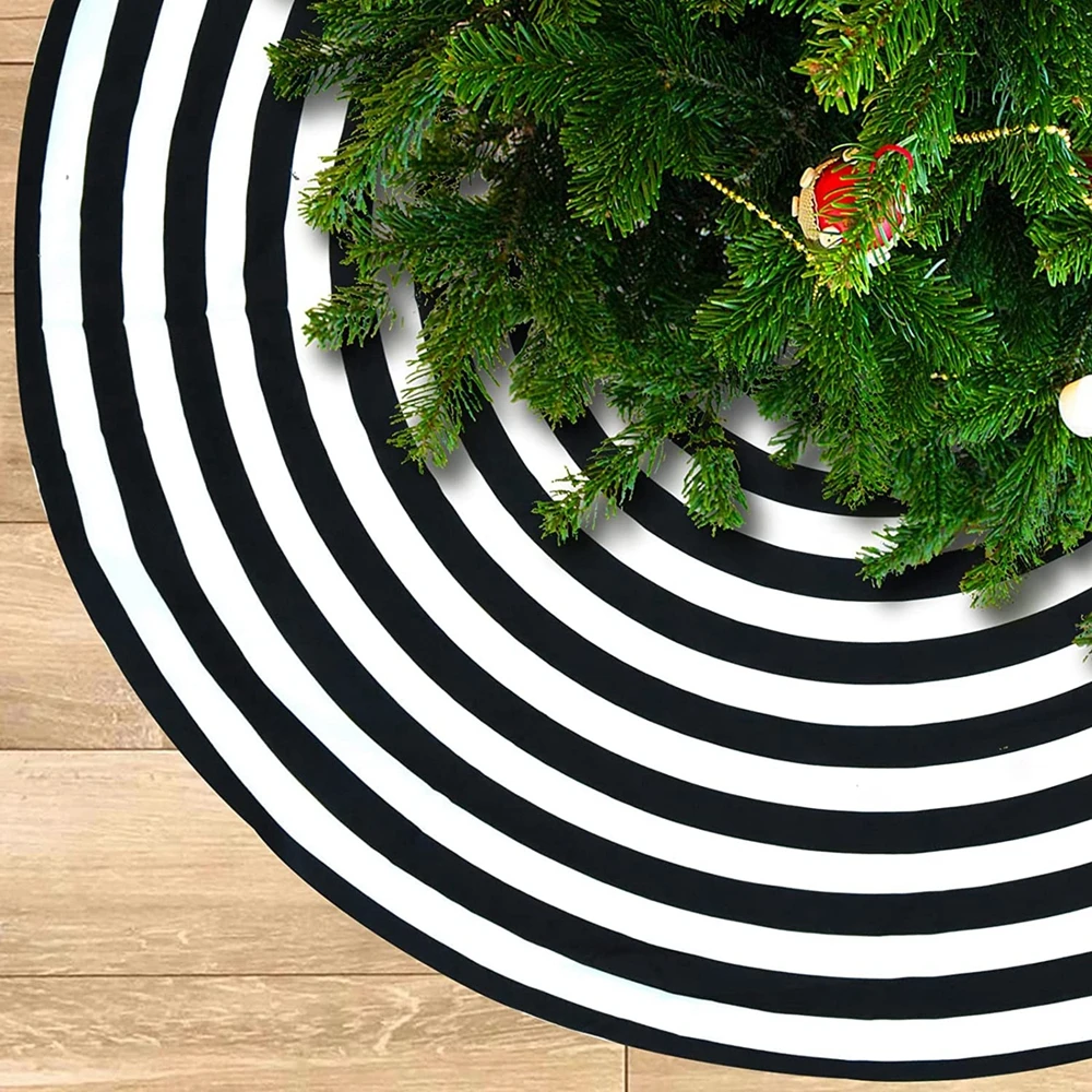 Пола за коледната елха в черно-бяла лента с червена панделка, Коледен кръгла подложка за домашен интериор, Празнична парти 73/122 см