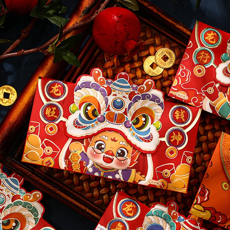 4ШТ Червени пликове за китайската Нова година 2024, Пролетен фестивал Хунбао с анимационни дракон, пари в джобовете, щастливите сватбени пакети
