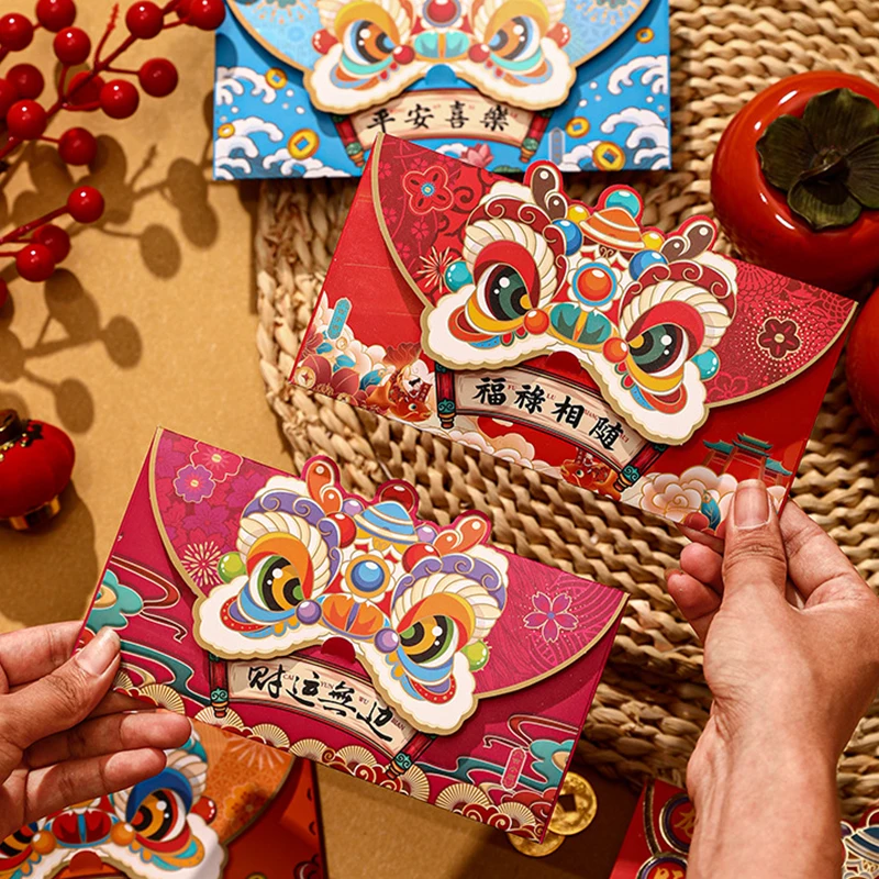 4ШТ Червени пликове за китайската Нова година 2024, Пролетен фестивал Хунбао с анимационни дракон, пари в джобовете, щастливите сватбени пакети