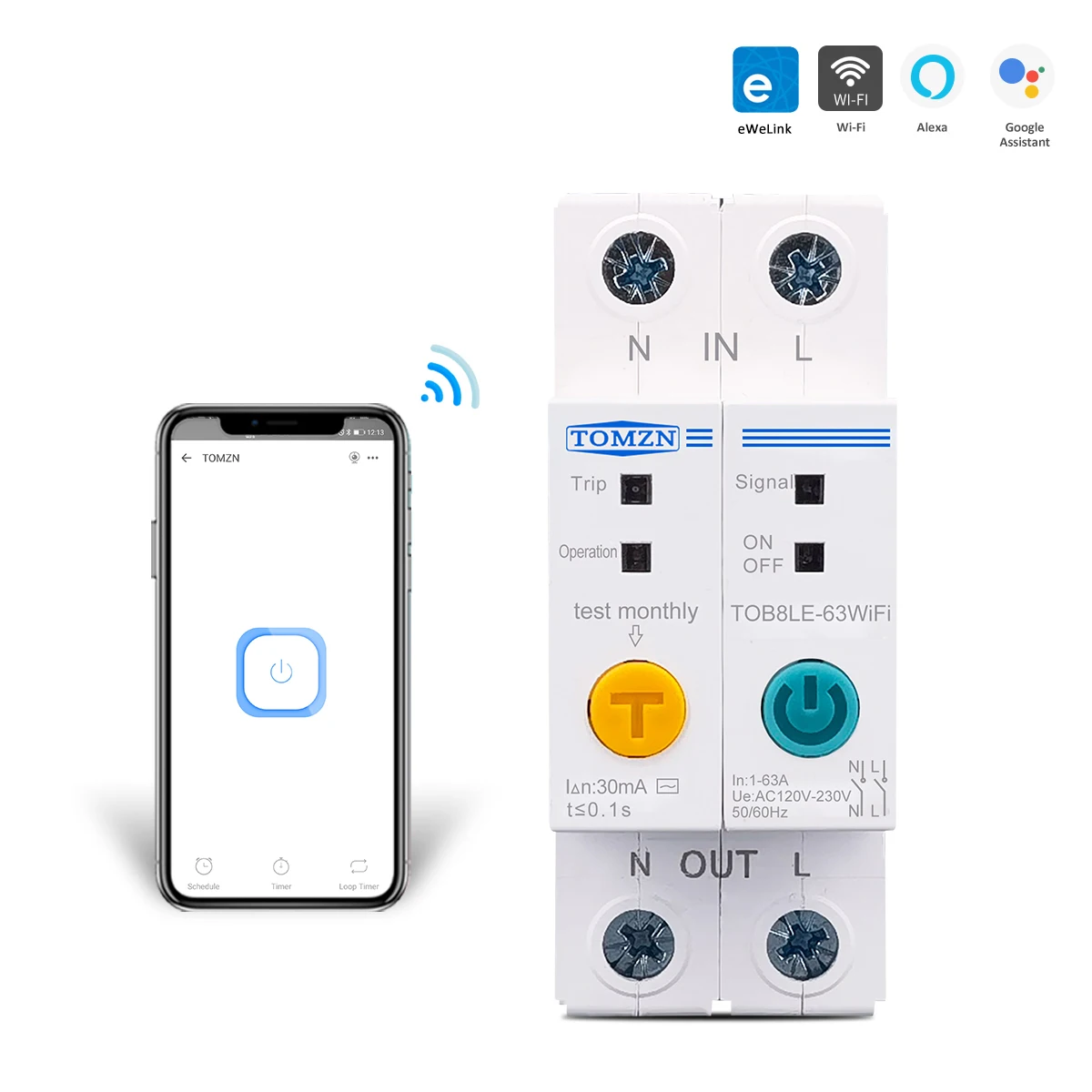Автоматична функция Wi-Fi на DIN-шина 63A Smart Switch с дистанционно управление от приложението Ewelink за smart home 63A със защита от течове
