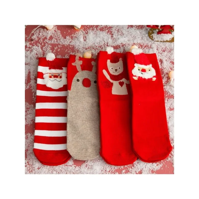 Стилни и удобни коледни чорапи, дамски чорапи със средна дължина, Elk Old Bear, Мультяшные коледни червени чорапи от чист памук