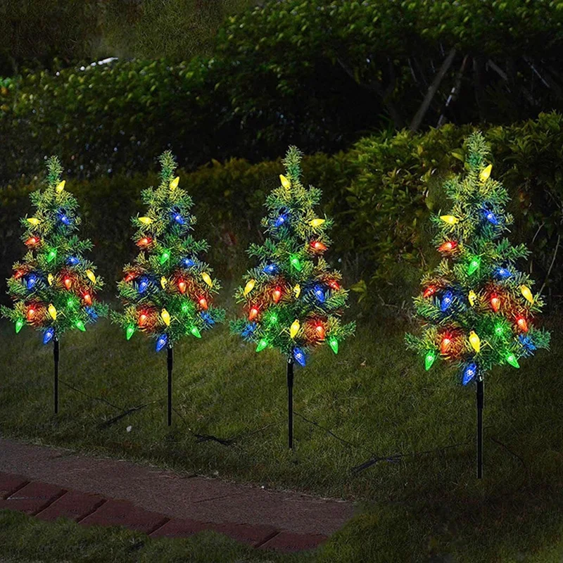 4 комплекта слънчеви малки коледни дърво коледна гирлянди, фенер, мини коледно дърво със светлини за външни пътеки, веранда, украса на двора Трайни