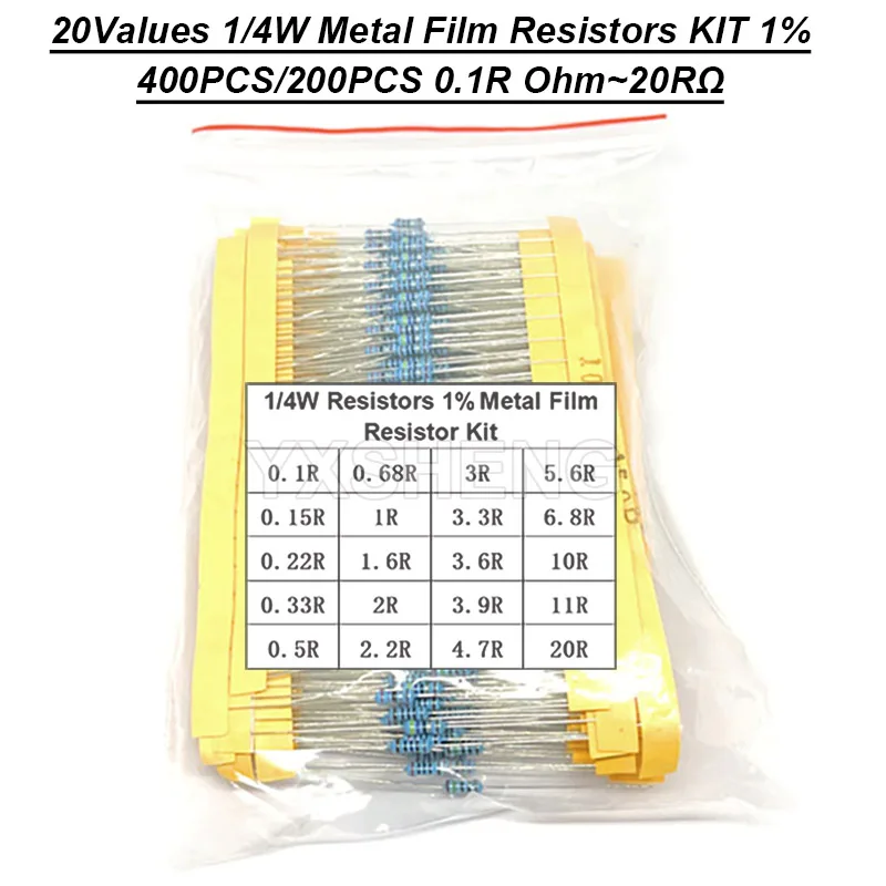 200шт 400шт/комплект 20-ценен резистори за мощност 1/4 W 0.1 0.15 0.33 0.5 1.6 2 3.3 3.6 4.7 5.6 6.8 10 11 20 Комплект резистори с метално фолио 1% Ома